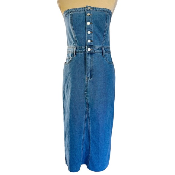 Sincerely Jules Denim Strapless Midi Dress Back Slit Size Medium NWT - Picture 4 of 13